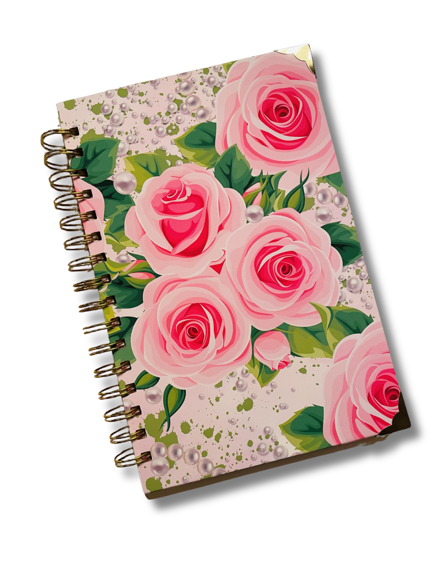 Petals and Pearls Pink and Green Journal – Elegant Rose Notebook with Gold Corners, Gem Pen & Gift Wrap, 6x9 Lined Pages