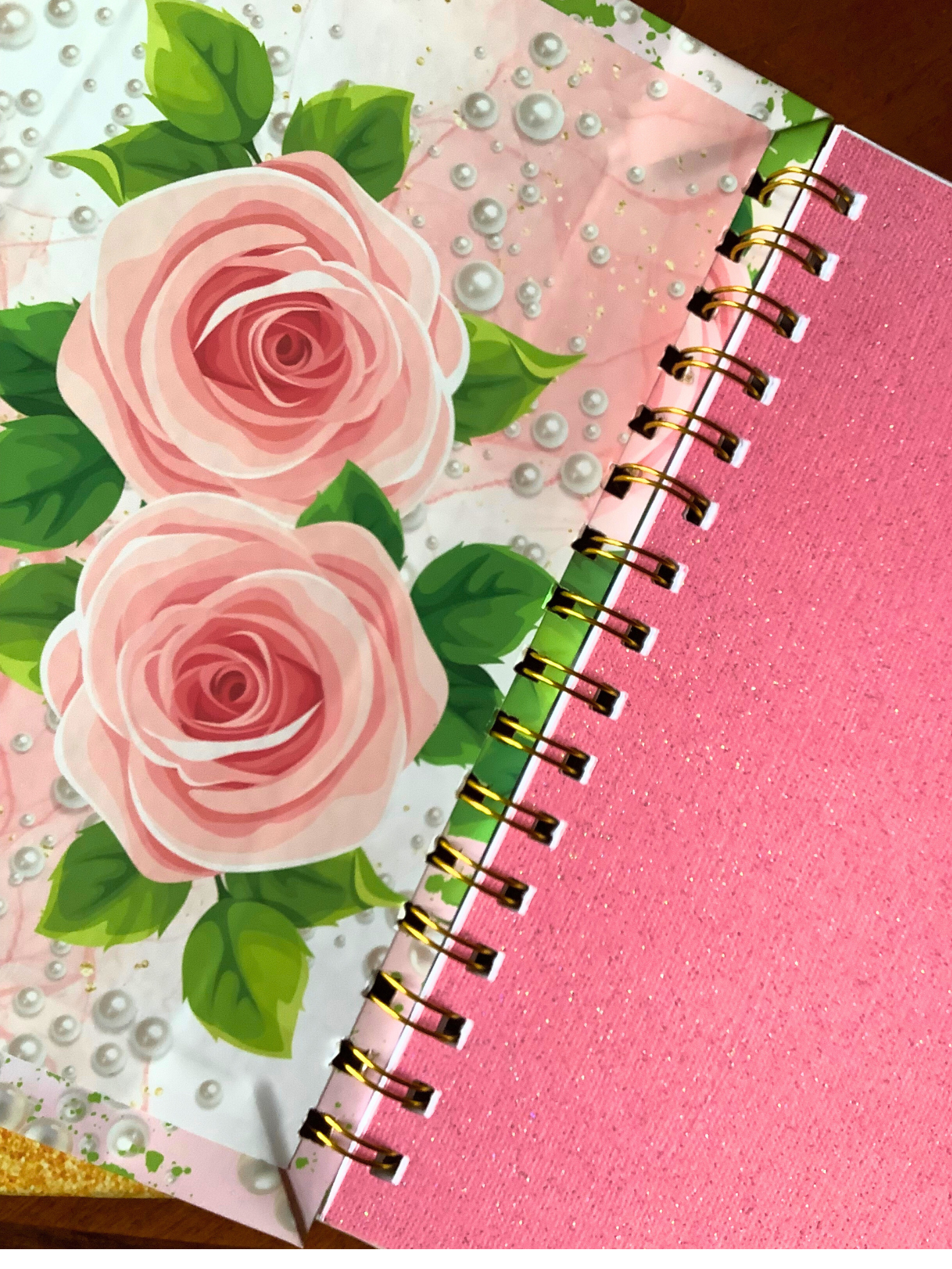 Petals and Pearls Pink and Green Journal – Elegant Rose Notebook with Gold Corners, Gem Pen & Gift Wrap, 6x9 Lined Pages