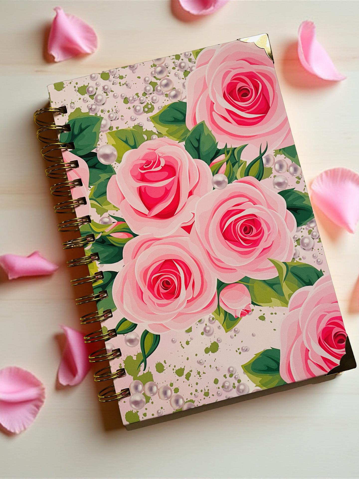 Petals and Pearls Pink and Green Journal – Elegant Rose Notebook with Gold Corners, Gem Pen & Gift Wrap, 6x9 Lined Pages