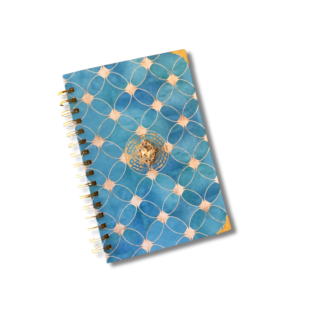 Blue Mirage Notebook – Elegant Blue Notebook with Jewel Accent and Gold Spiral Coil