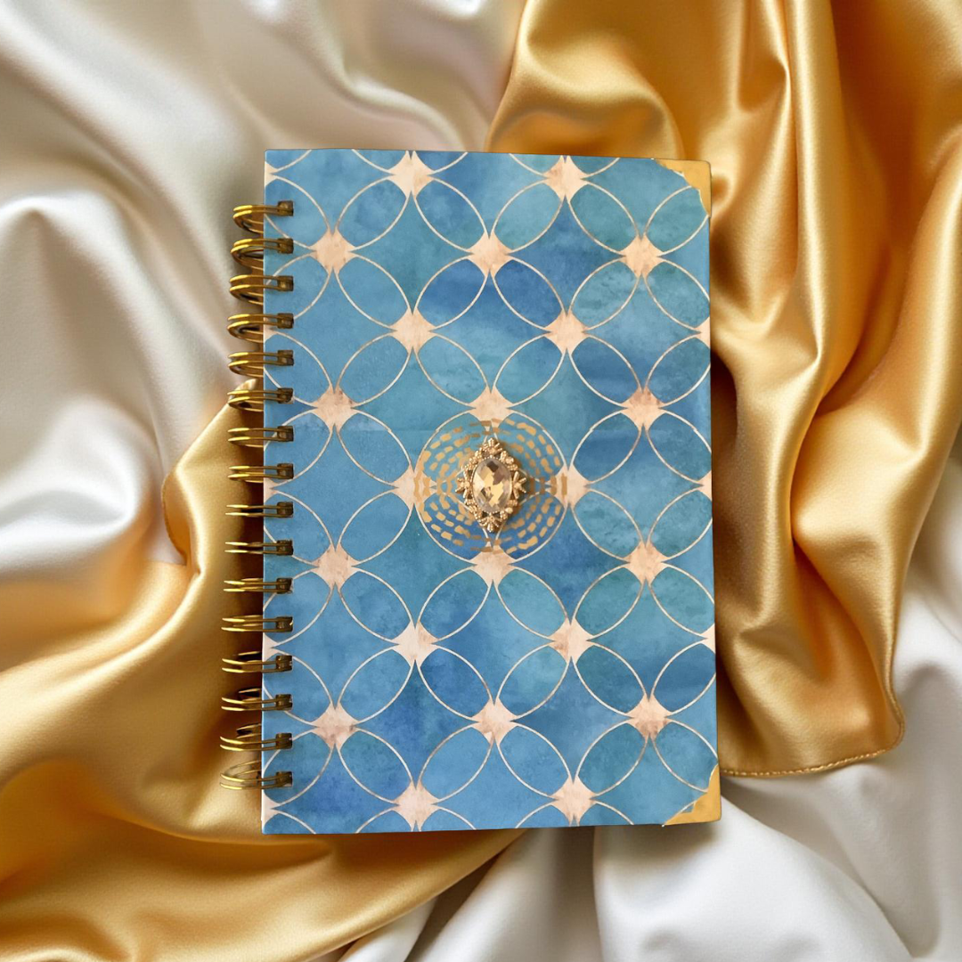 Blue Mirage Notebook – Elegant Blue Notebook with Jewel Accent and Gold Spiral Coil