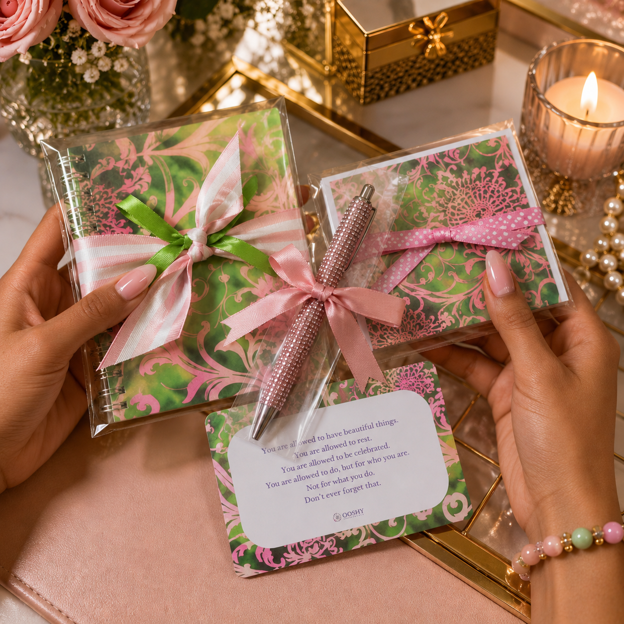 Pink and Green Stationery Gift Set for Women | Notebook Notecards Crystal Pen Gift Set | Her Circle Gift Set