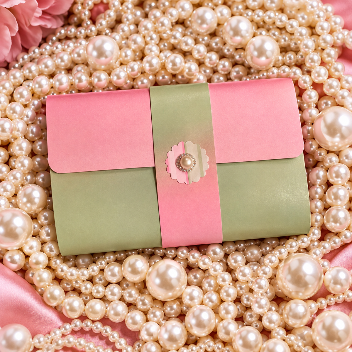 Pearl-Kissed Pink & Green Notepad Wallet | Refillable 5x8 Notepad