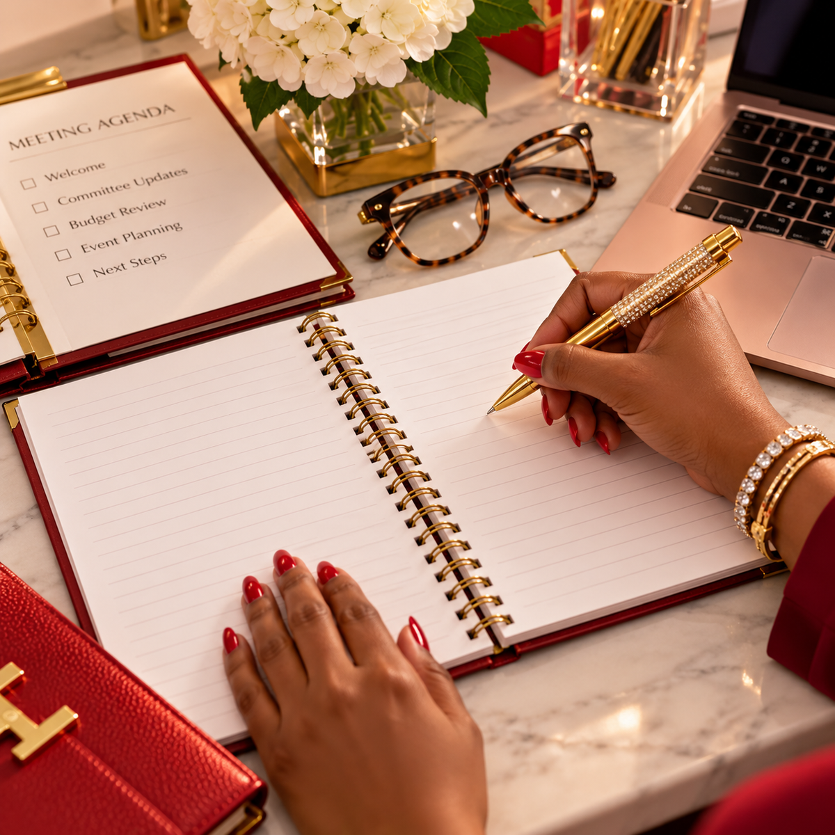 Crimson Glamour Notebook | Red & Gold Spiral Notebook with Pen