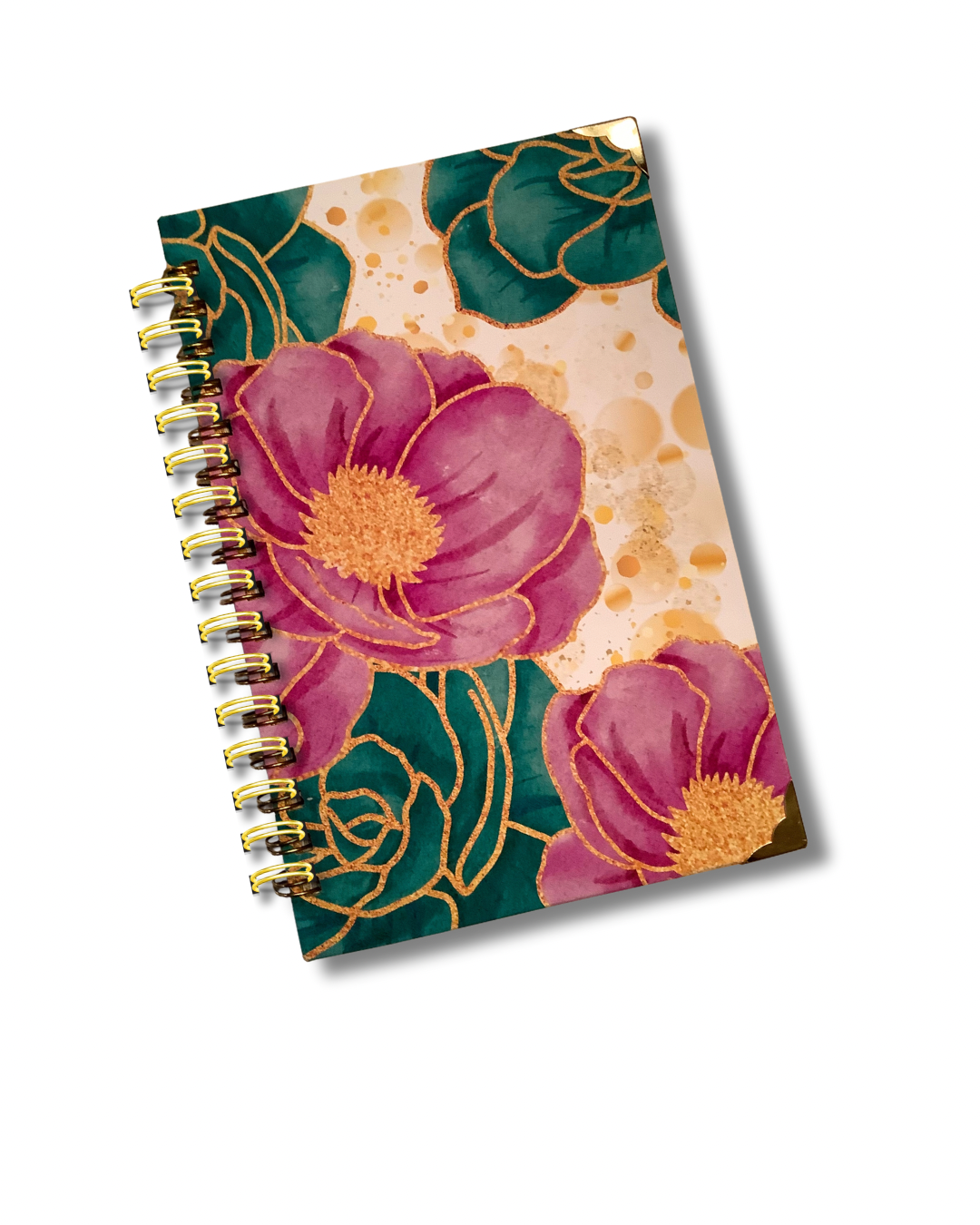 Gilded Garden Luxury Notebook – Purple and Teal Floral Journal with Gold Coil, Gold End Pages & Gem Pen, 6x9 Lined Gift for Women