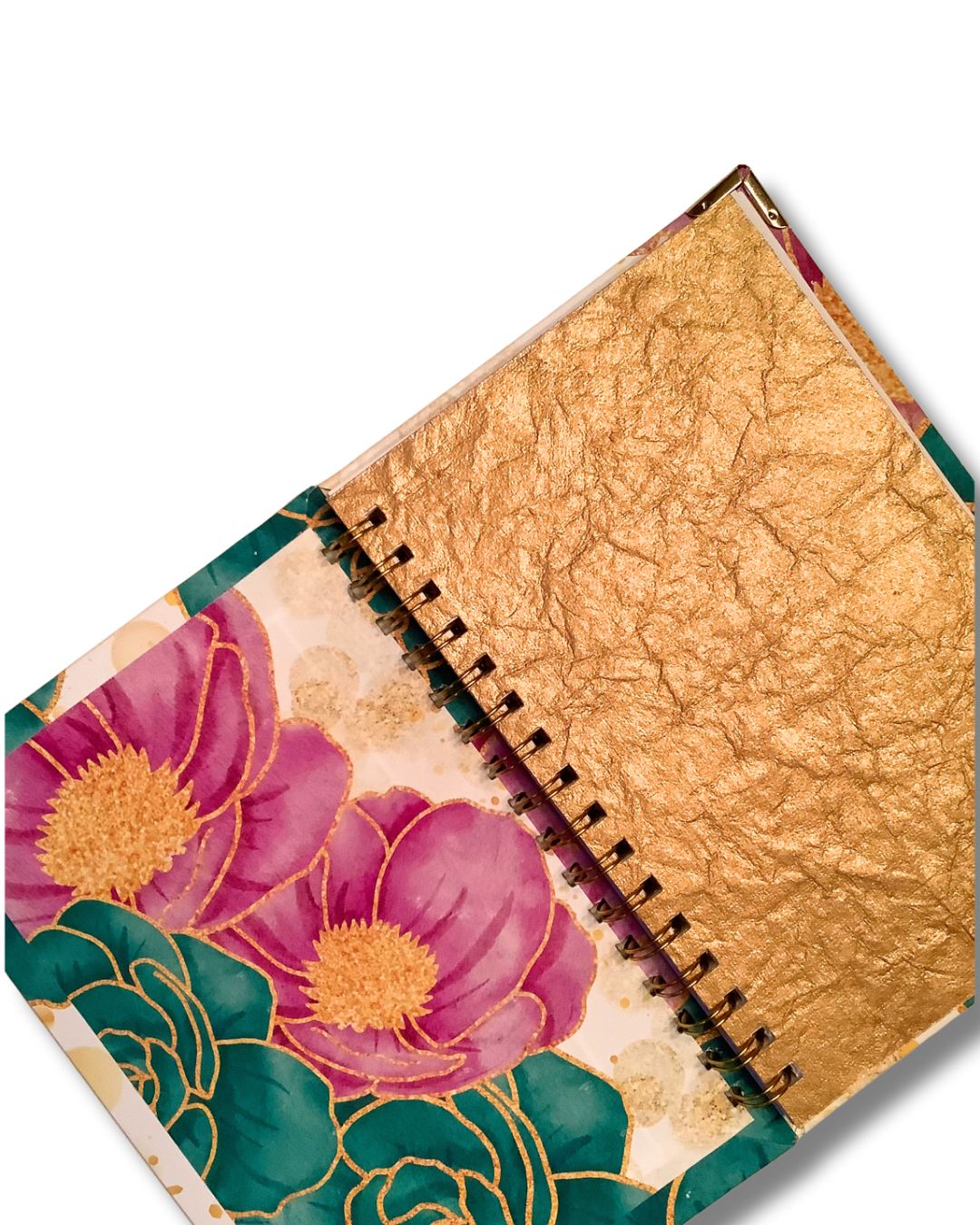 Gilded Garden Luxury Notebook – Purple and Teal Floral Journal with Gold Coil, Gold End Pages & Gem Pen, 6x9 Lined Gift for Women