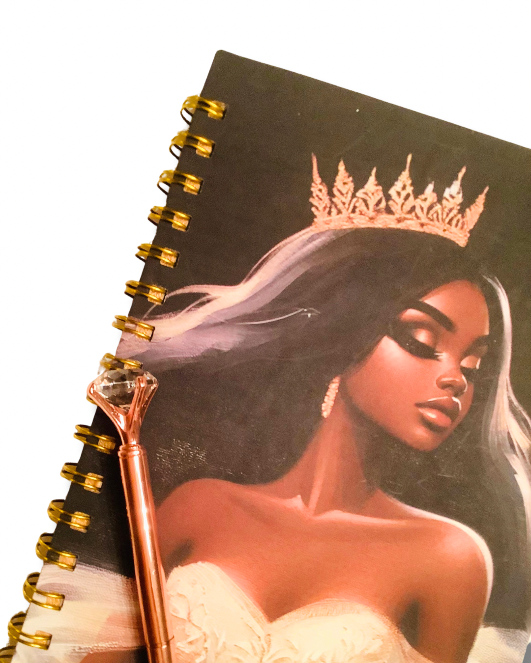 Queen Anealia Luxury Notebook – Black Woman Crown Journal with Gold Coil, Gem Pen & Gift Wrap, 6x9 Lined Pages for Women