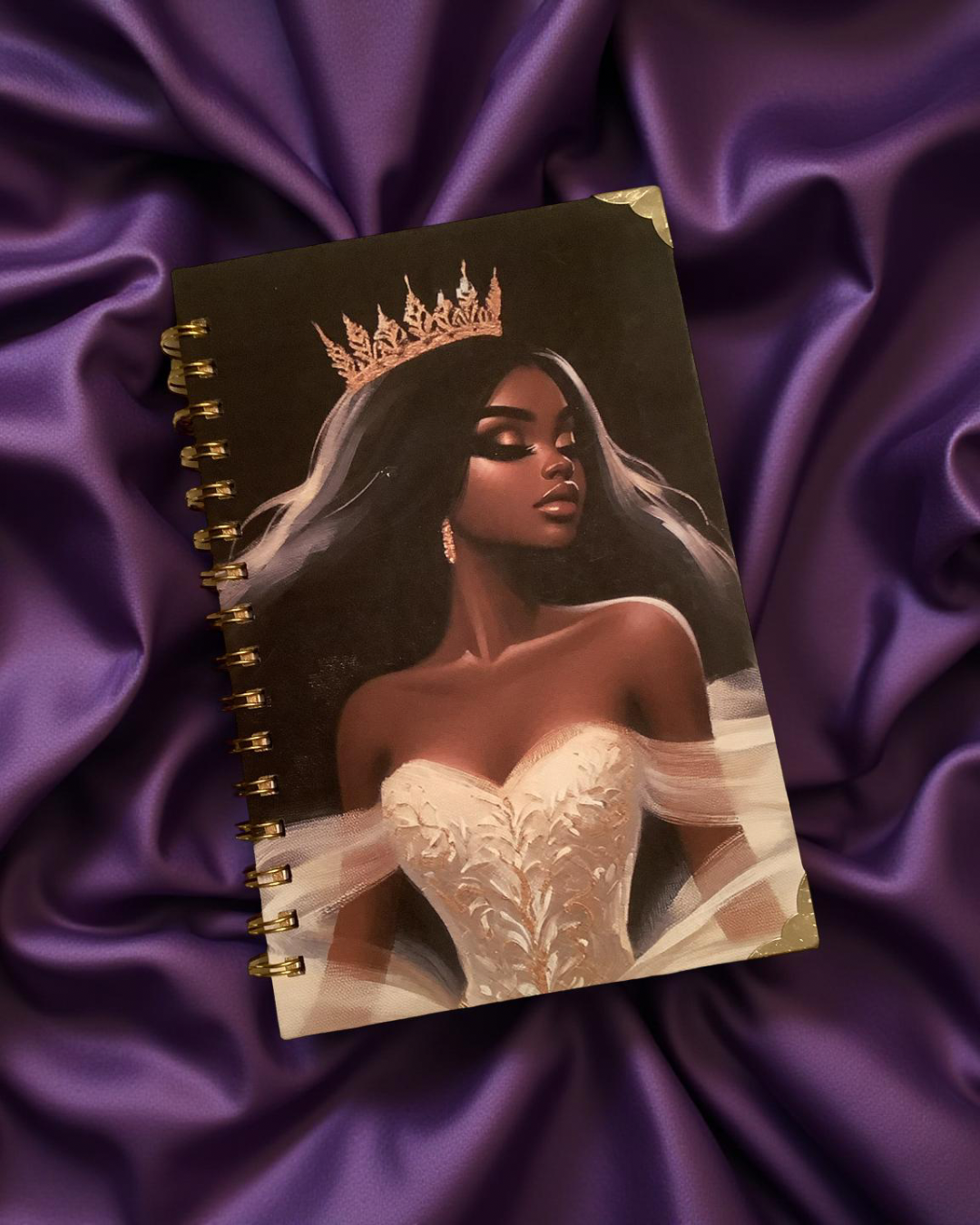 Queen Anealia Luxury Notebook – Black Woman Crown Journal with Gold Coil, Gem Pen & Gift Wrap, 6x9 Lined Pages for Women