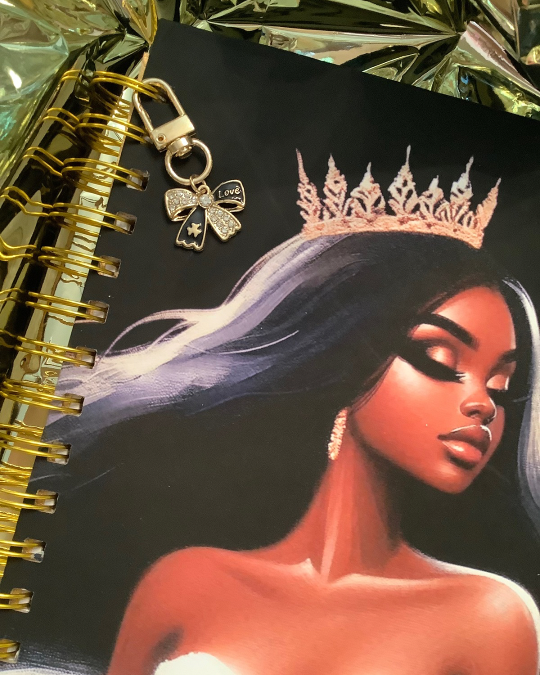 Queen Anealia Luxury Notebook – Black Woman Crown Journal with Gold Coil, Gem Pen & Gift Wrap, 6x9 Lined Pages for Women