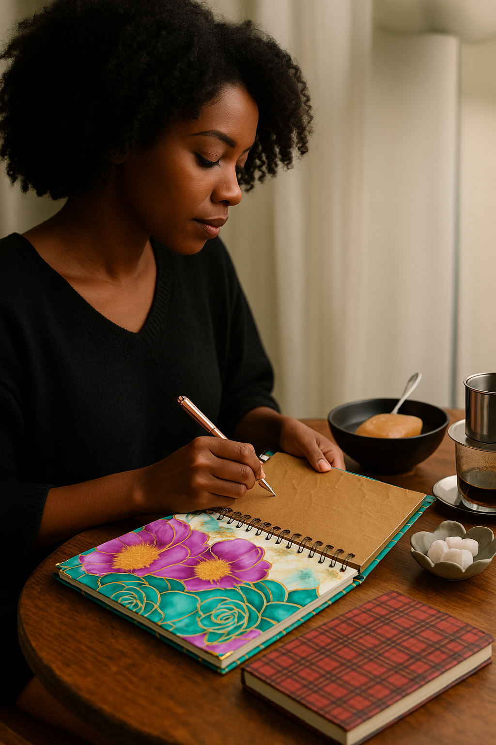 Gilded Garden Luxury Notebook – Purple and Teal Floral Journal with Gold Coil, Gold End Pages & Gem Pen, 6x9 Lined Gift for Women