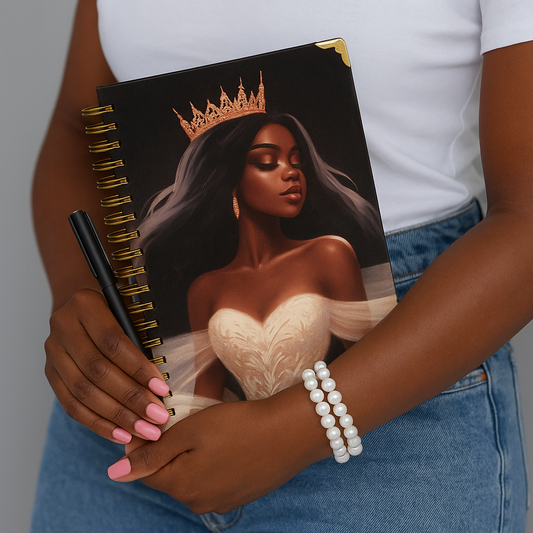 Queen Anealia Luxury Notebook – Black Woman Crown Journal with Gold Coil, Gem Pen & Gift Wrap, 6x9 Lined Pages for Women
