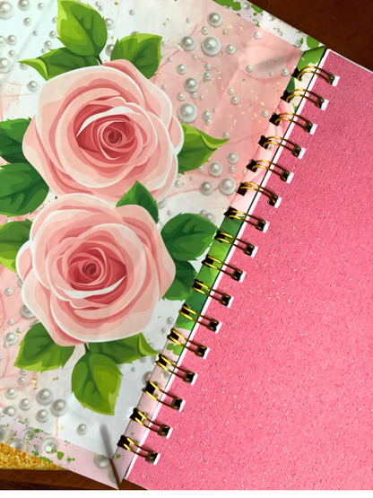 Petals and Pearls Pink and Green Journal – Elegant Rose Notebook with Gold Corners, Gem Pen & Gift Wrap, 6x9 Lined Pages