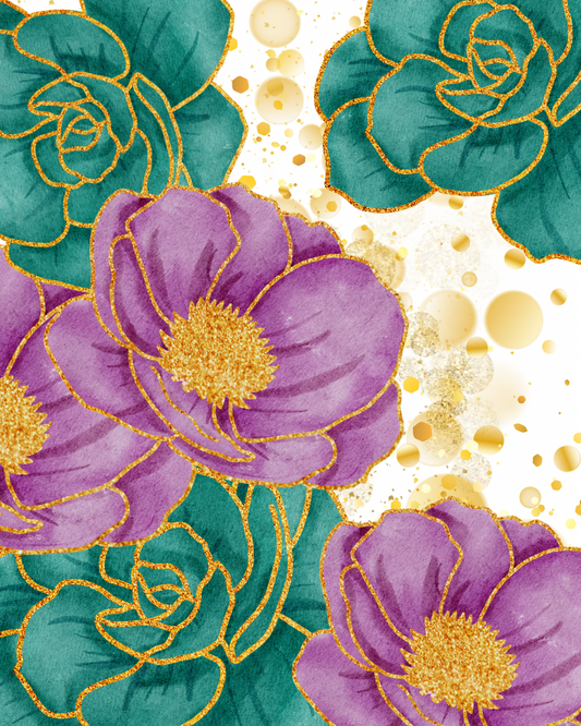 Gilded Garden Luxury Notebook – Purple and Teal Floral Journal with Gold Coil, Gold End Pages & Gem Pen, 6x9 Lined Gift for Women