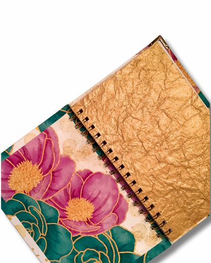 Gilded Garden Luxury Notebook – Purple and Teal Floral Journal with Gold Coil, Gold End Pages & Gem Pen, 6x9 Lined Gift for Women