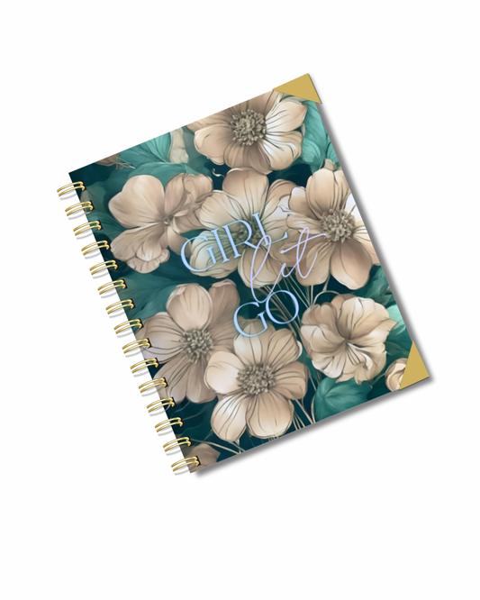 Girl Let Go Luxury Notebook – Teal and Gold Floral Journal with Gold Coil, Gem Pen & Gift Wrap, 6x9 Lined Pages for Women