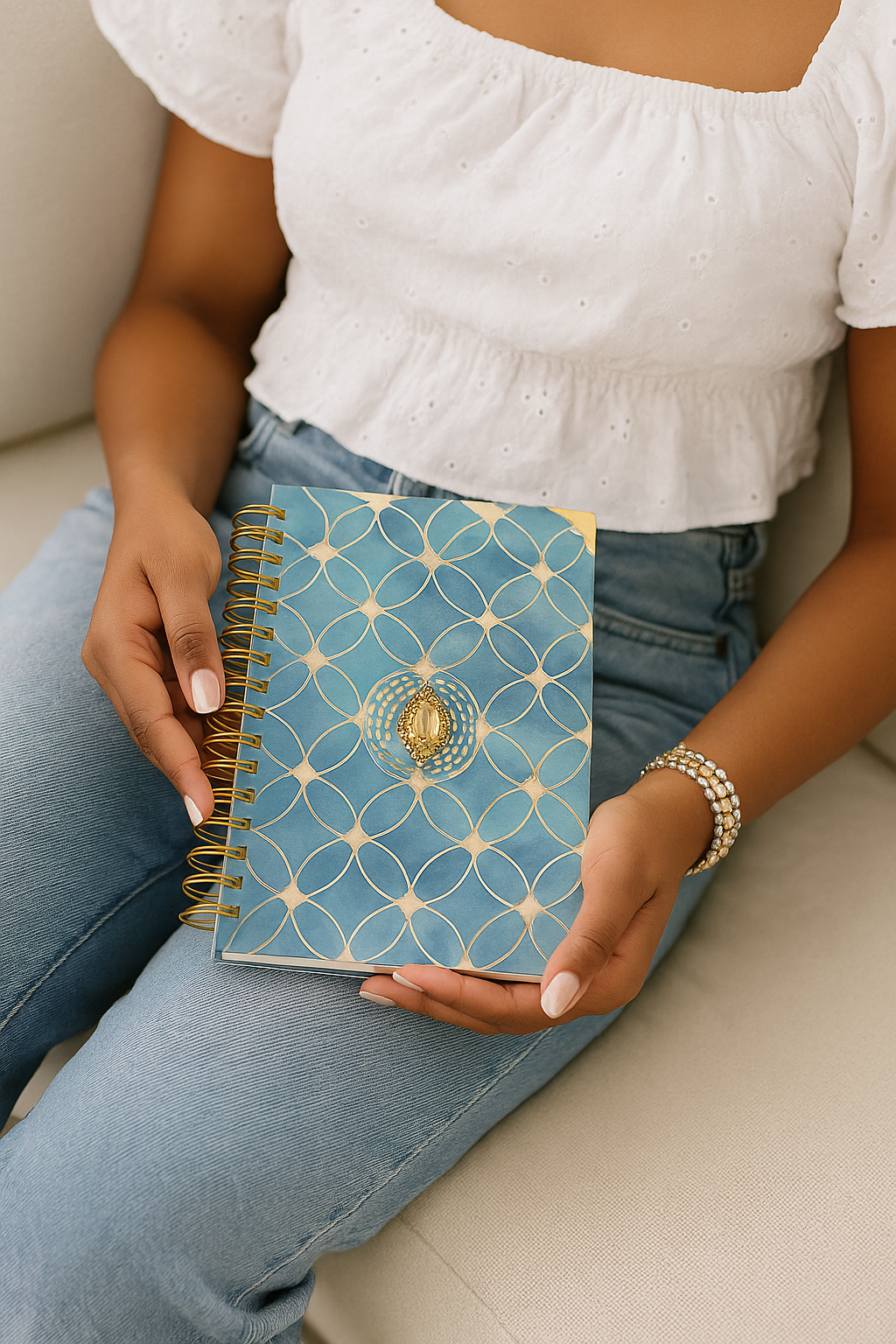 Blue Mirage Notebook – Elegant Blue Notebook with Jewel Accent and Gold Spiral Coil