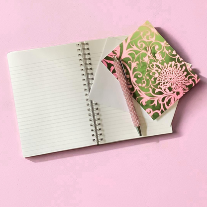 Pink and Green Stationery Gift Set for Women | Notebook Notecards Crystal Pen Gift Set | Her Circle Gift Set