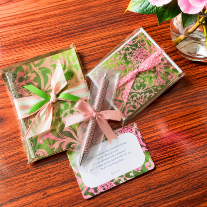Pink and Green Stationery Gift Set for Women | Notebook Notecards Crystal Pen Gift Set | Her Circle Gift Set