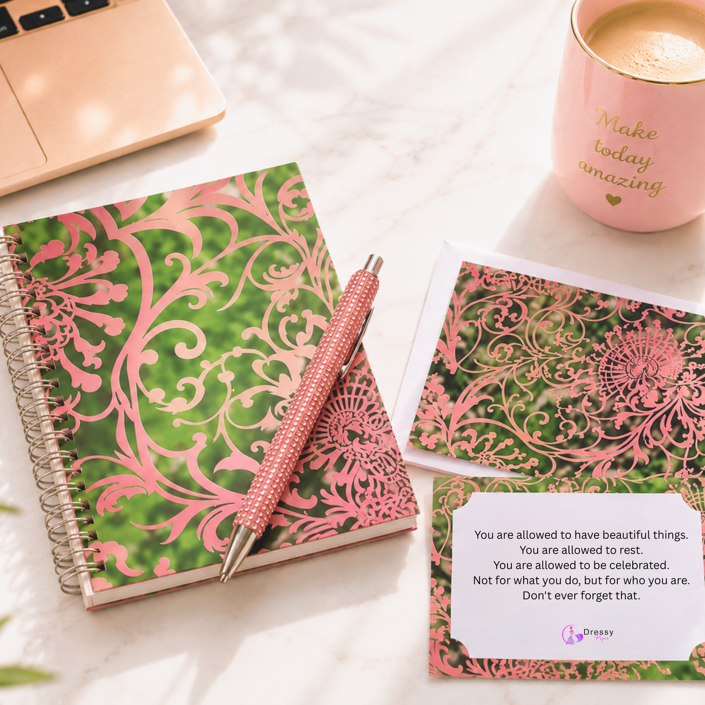 Pink and Green Stationery Gift Set for Women | Notebook Notecards Crystal Pen Gift Set | Her Circle Gift Set