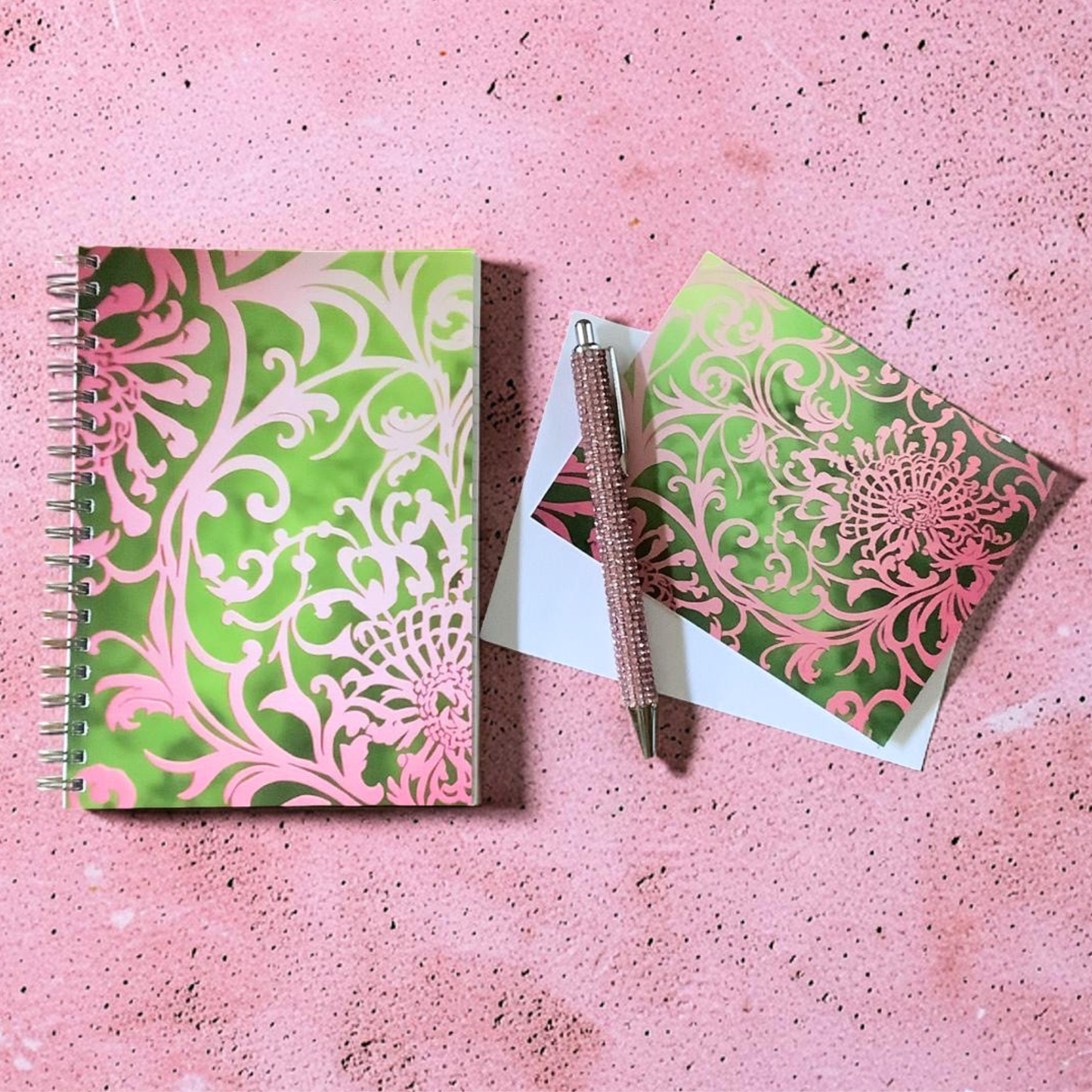 Pink and Green Stationery Gift Set for Women | Notebook Notecards Crystal Pen Gift Set | Her Circle Gift Set