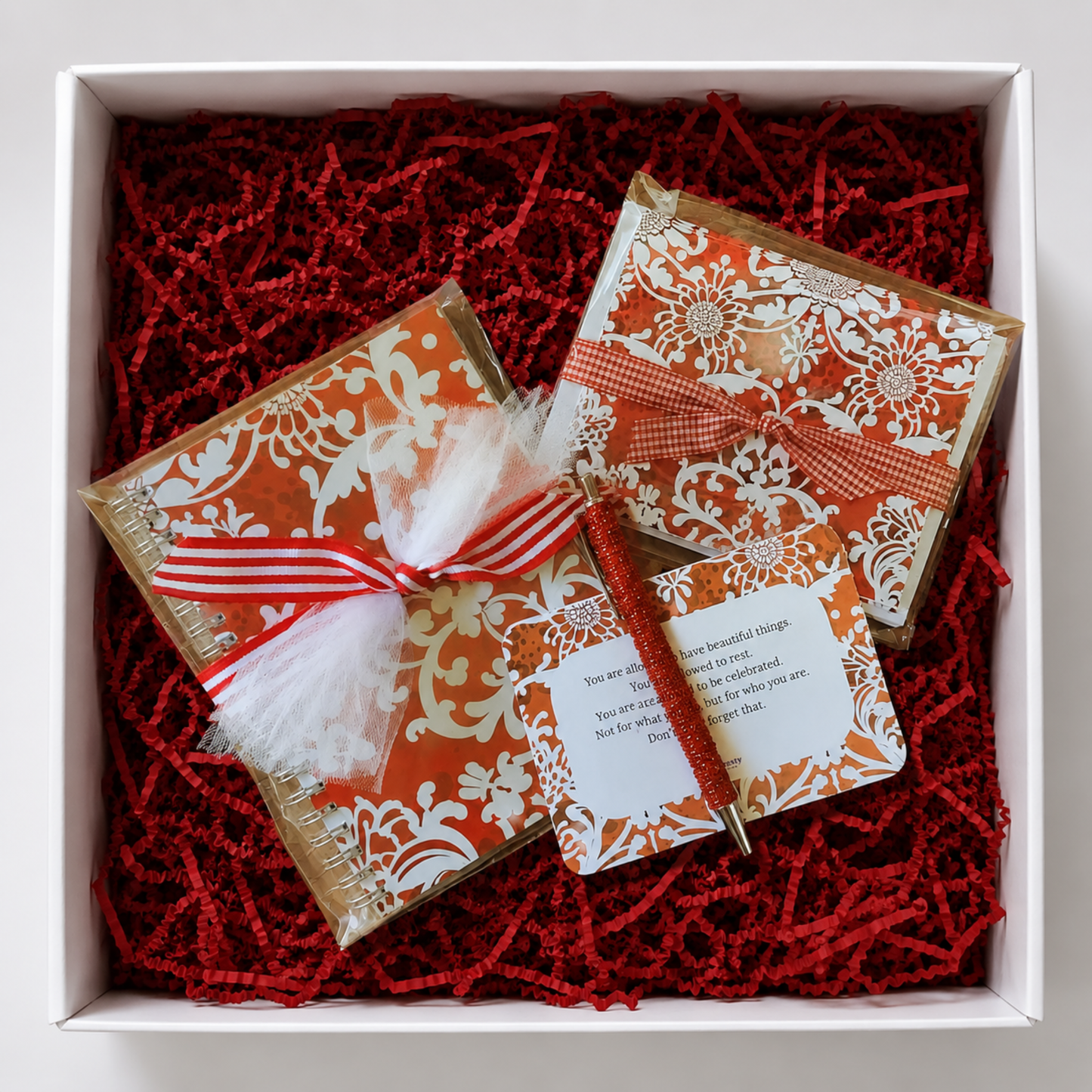 Red and White Stationery Gift Set for Women | Notebook Notecards Crystal Pen Gift Set | She Showed Up Gift Set