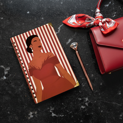 Crimson Glamour Notebook with red purse and scarf