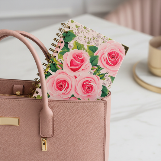 Petals and Pearls notebook in pink tote bag
