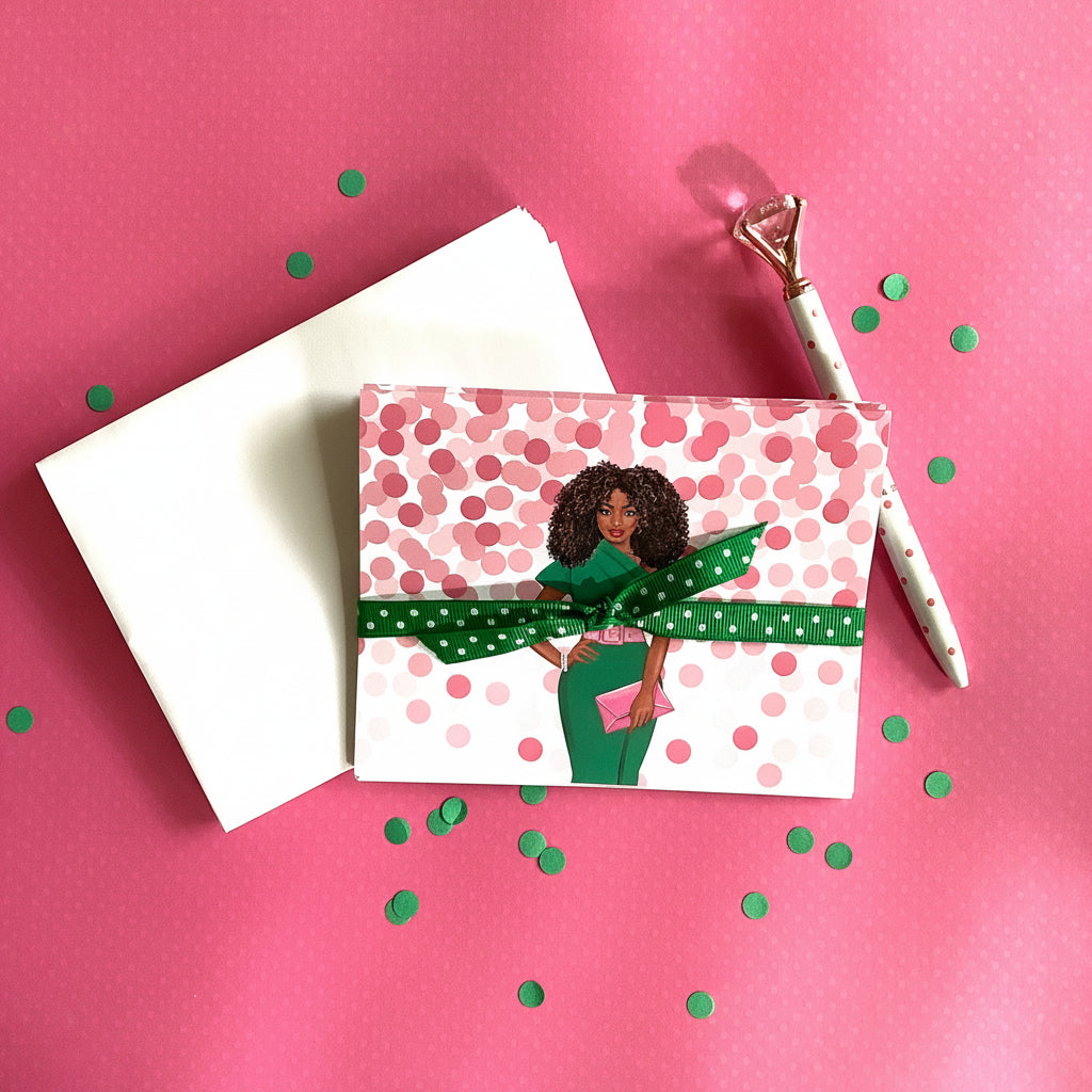 Pink and Green Confetti Notecards Set – Elegant Woman Design with Envelopes (Set of 6)