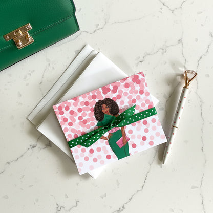 Pink and Green Confetti Notecards Set – Elegant Woman Design with Envelopes (Set of 6)