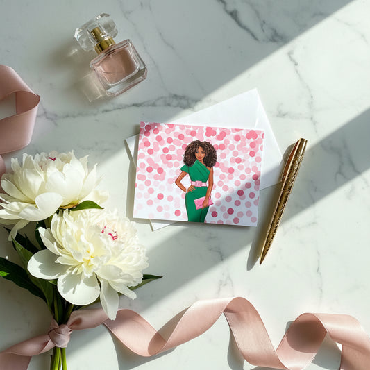 Pink and Green Confetti Notecards Set – Elegant Woman Design with Envelopes (Set of 6)
